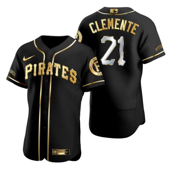 Personalized Men’s #21 Roberto Clemente Pittsburgh Pirates Flex Base Jersey Black Golden
