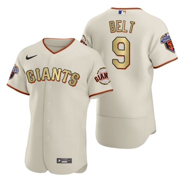 Personalized Men’s #9 Brandon Belt San Francisco Giants Flex Base Jersey Cream Gold WS