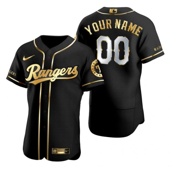 Personalized Men’s Texas Rangers Flex Base Jersey Black Holographic Black Golden