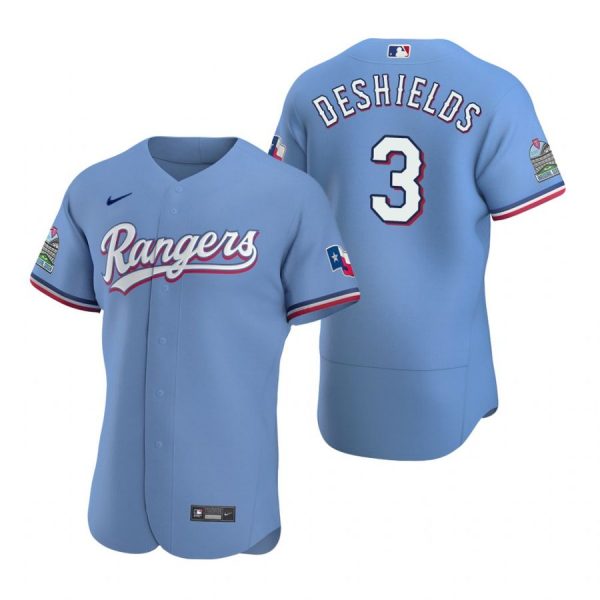 Personalized Men’s Delino Deshields Texas Rangers Flex Base Jersey White Golden Light Blue