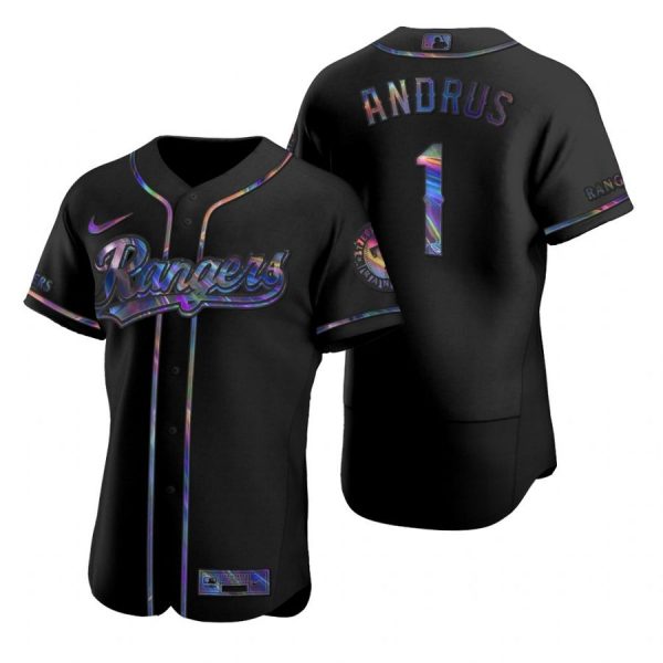 Personalized Men’s Elvis Andrus Texas Rangers Flex Base Jersey Black Golden Black Holographic