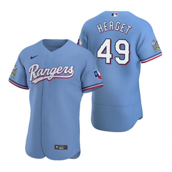 Personalized Men’s Jimmy Herget Texas Rangers Flex Base Jersey Scarlet Light Blue