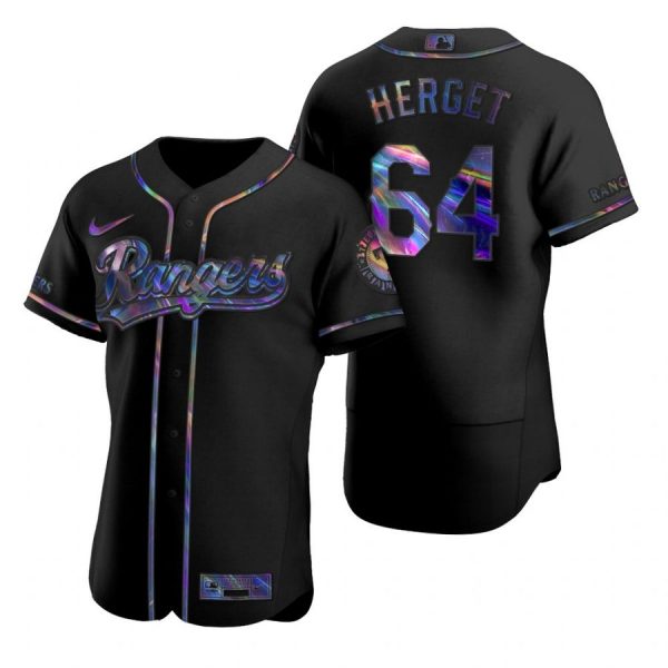 Personalized Men’s Jimmy Herget Texas Rangers Flex Base Jersey Scarlet Black Holographic