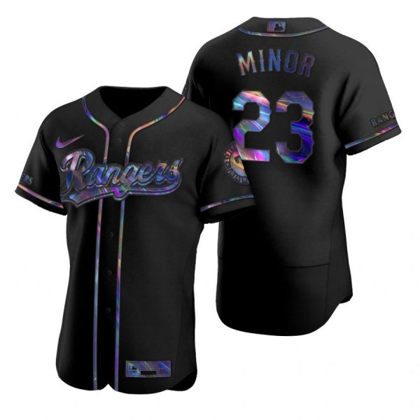 Personalized Men’s Mike Minor Texas Rangers Flex Base Jersey Scarlet Black Holographic