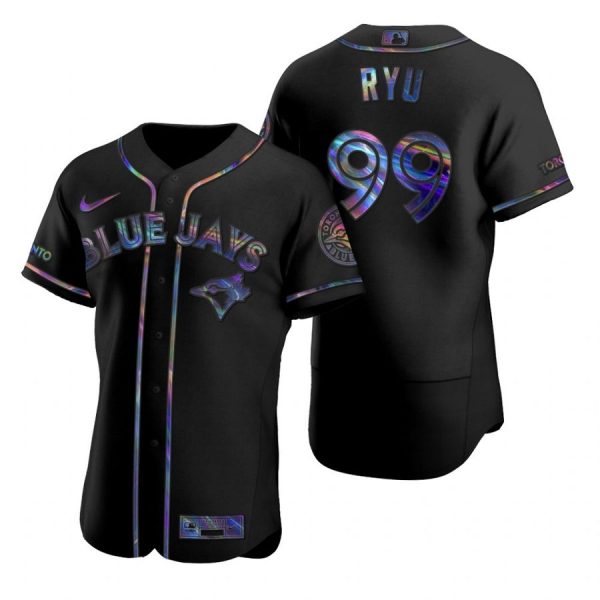 Personalized Men’s Hyun Jin Ryu Toronto Blue Jays Flex Base Jersey Black Holographic Black Holographic