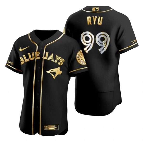 Personalized Men’s Hyun Jin Ryu Toronto Blue Jays Flex Base Jersey Black Holographic Black Golden