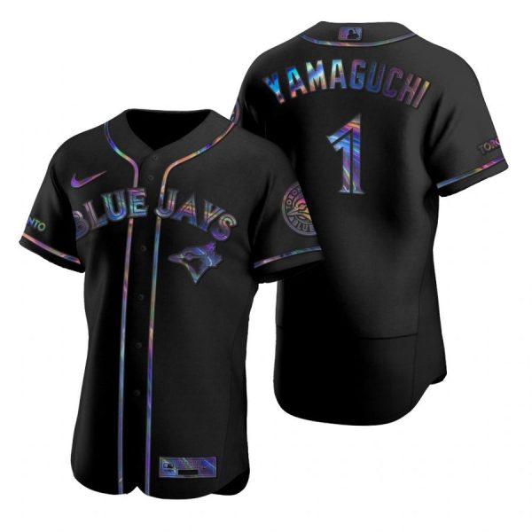 Personalized Men’s Shun Yamaguchi Toronto Blue Jays Flex Base Jersey Powder Blue Black Holographic