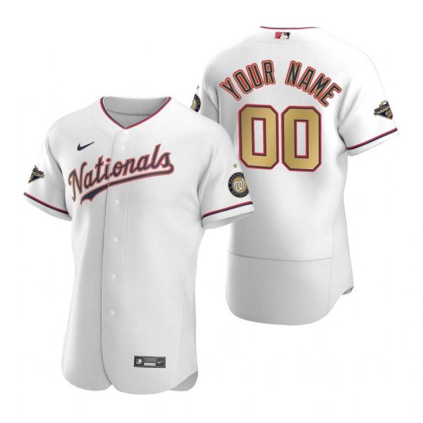 Personalized Men’s Washington Nationals Flex Base Jersey Black Award White Gold WS