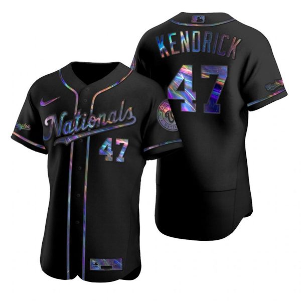 Personalized Men’s Howie Kendrick Washington Nationals Flex Base Jersey Black Golden Black Holographic