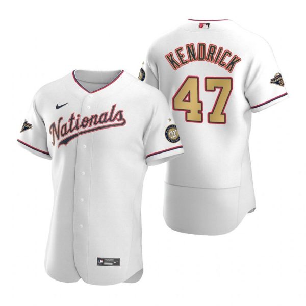 Personalized Men’s Howie Kendrick Washington Nationals Flex Base Jersey Navy World Series Champions White Gold WS
