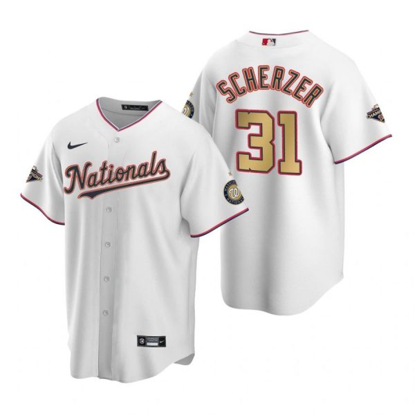 Personalized Men’s Max Scherzer Washington Nationals Cool Base Jersey White World Series Champions White Gold WS