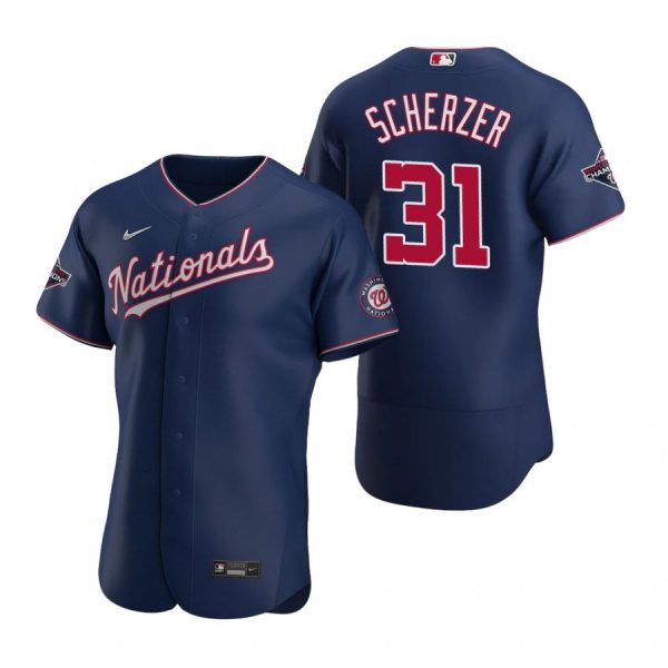 Personalized Men’s Max Scherzer Washington Nationals Flex Base Jersey White World Series Champions Navy WS
