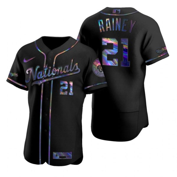 Personalized Men’s Tanner Rainey Washington Nationals Flex Base Jersey Black Holographic Black Holographic