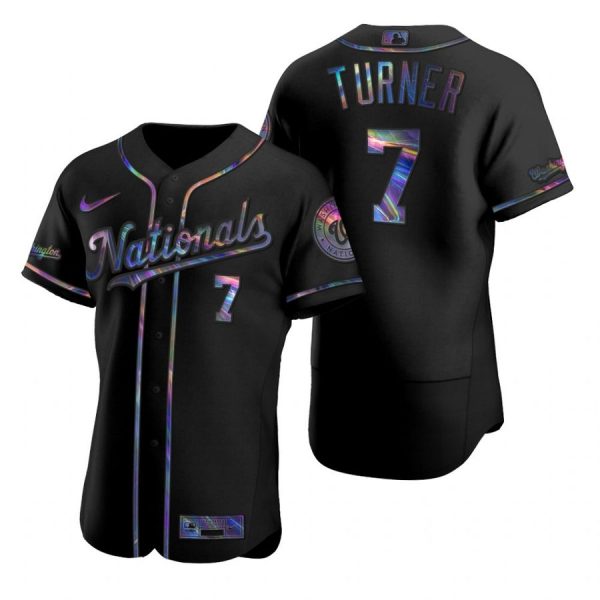 Personalized Men’s Trea Turner Washington Nationals Flex Base Jersey Black Golden Black Holographic