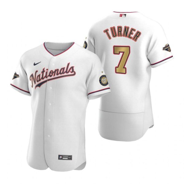 Personalized Men’s Trea Turner Washington Nationals Flex Base Jersey Navy World Series Champions White Gold WS