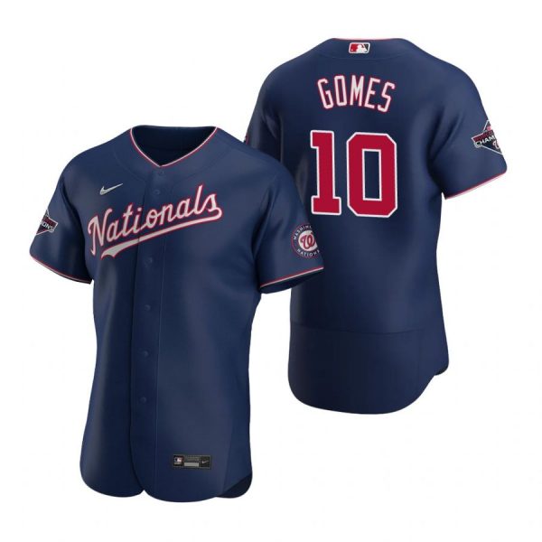 Personalized Men’s Yan Gome Washington Nationals Flex Base Jersey White Gold World Series Champions Navy WS