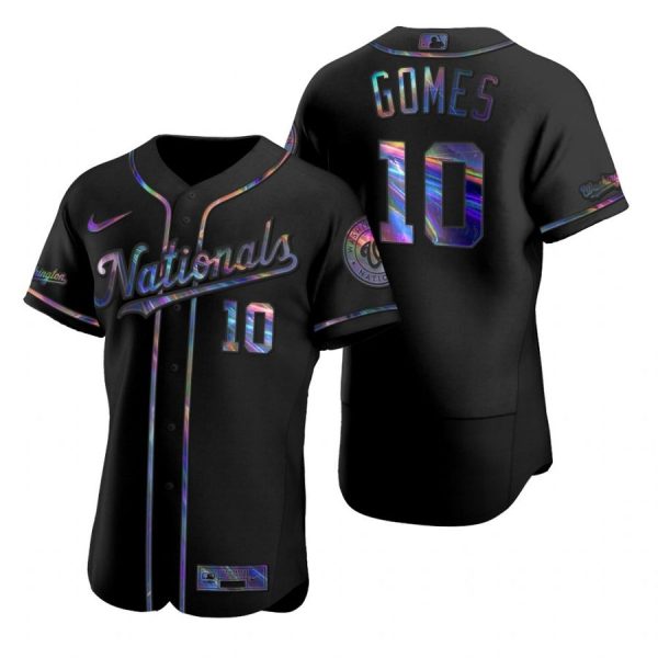 Personalized Men’s Yan Gomes Washington Nationals Flex Base Jersey Black Golden Black Holographic