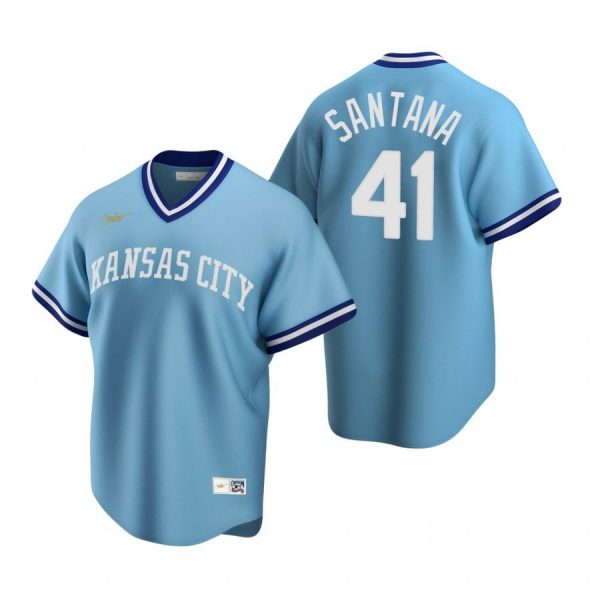 Personalized Men’s Carlos Santana Kansas City Royals Cool Base Jersey Light Blue Cooperstown