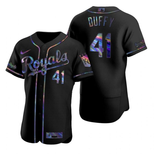 Personalized Men’s Danny Duffy Kansas City Royals Flex Base Jersey Black Holographic