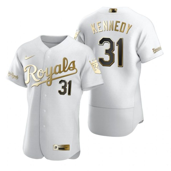 Personalized Men’s Ian Kennedy Kansas City Royals Flex Base Jersey White Golden