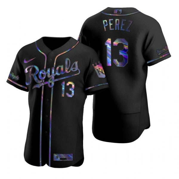 Personalized Men’s Salvador Perez Kansas City Royals Flex Base Jersey Black Holographic