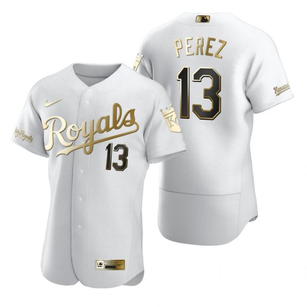 Personalized Men’s Salvador Perez Kansas City Royals Flex Base Jersey White Golden