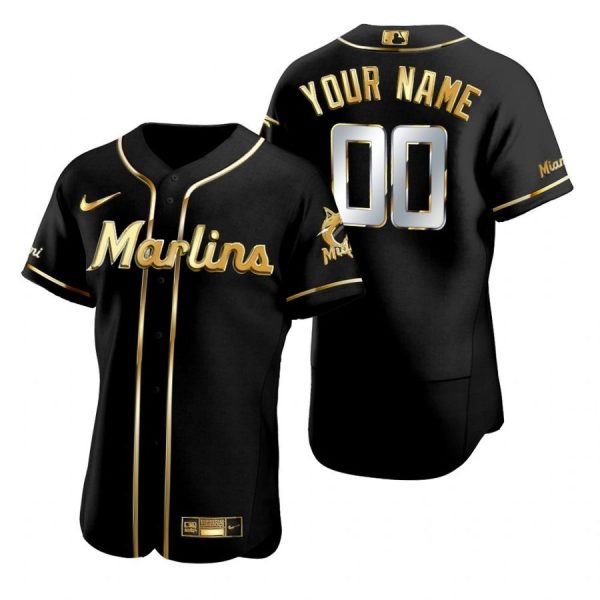 Personalized Men’s Miami Marlins Flex Base Jersey Black Golden