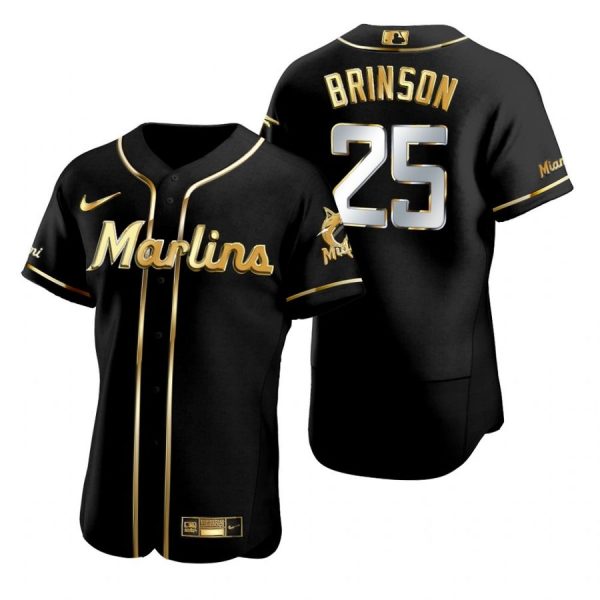 Personalized Men’s Lewis Brinson Miami Marlins Flex Base Jersey Black Golden