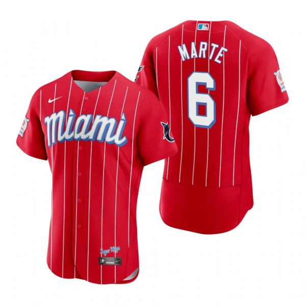 Personalized Men’s Starling Marte Miami Marlins Flex Base Jersey Red City Connect