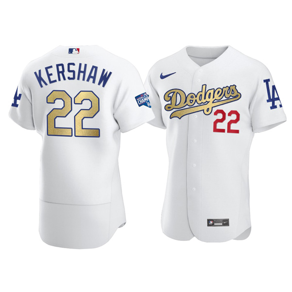 Personalized Men’s Los Angeles Dodgers #22 Clayton Kershaw Flex Base Jersey Stitched White Gold Program