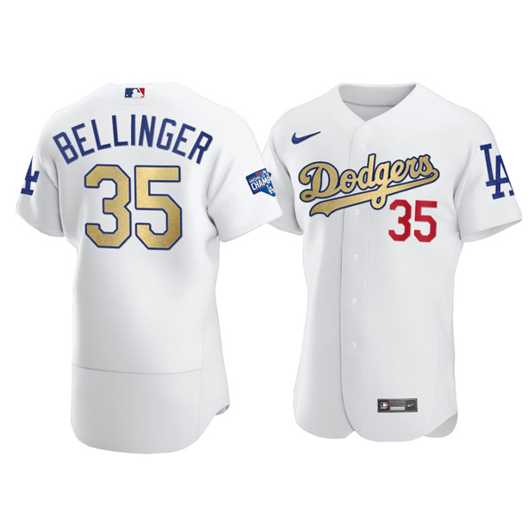 Personalized Men’s Los Angeles Dodgers #35 Cody Bellinger Flex Base Jersey Stitched White Gold Program