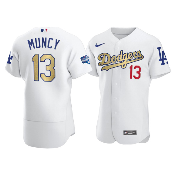 Personalized Men’s Los Angeles Dodgers #13 Max Muncy Flex Base Jersey Stitched White Gold Program