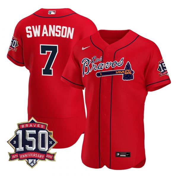 Personalized Men’s #7 Dansby Swanson Atlanta Braves Los Bravos Red Stitched Jersey Red