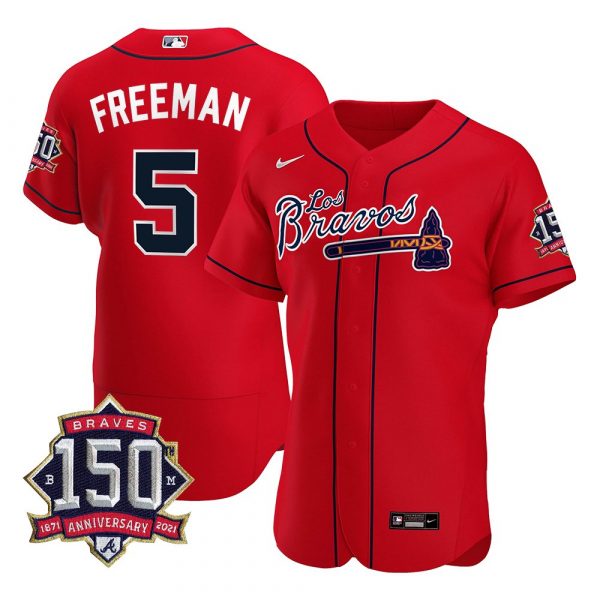Personalized Men’s #5 Freddie Freeman Atlanta Braves Los Bravos Red Stitched Jersey Red