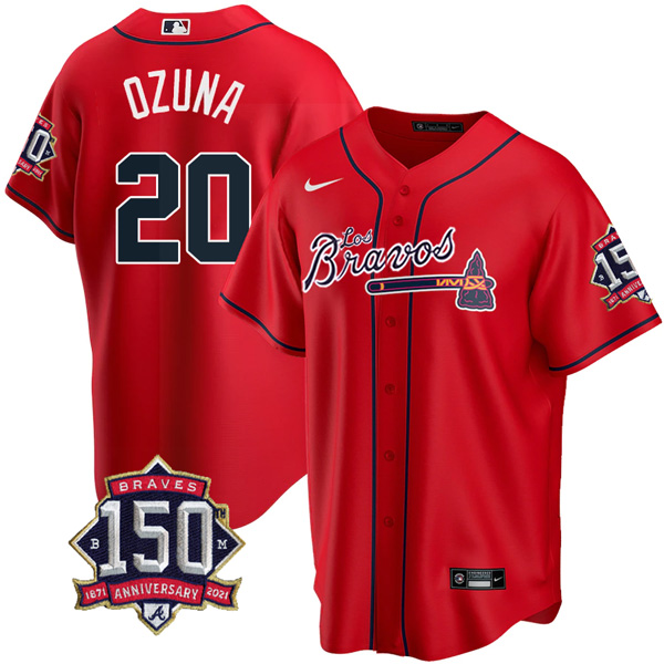 Personalized Men’s #20 Marcell Ozuna Atlanta Braves Los Bravos Red Stitched Jersey Red