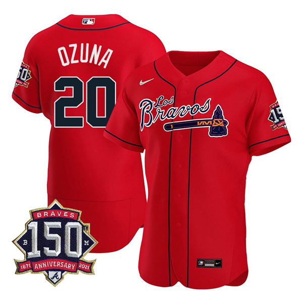 Personalized Men’s #20 Marcell Ozuna Atlanta Braves Los Bravos Red Stitched Jersey Red