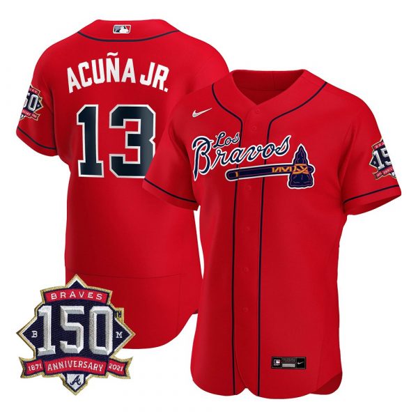 Personalized Men’s #13 Ronald Acuna Jr. Atlanta Braves Los Bravos Red Stitched Jersey Red