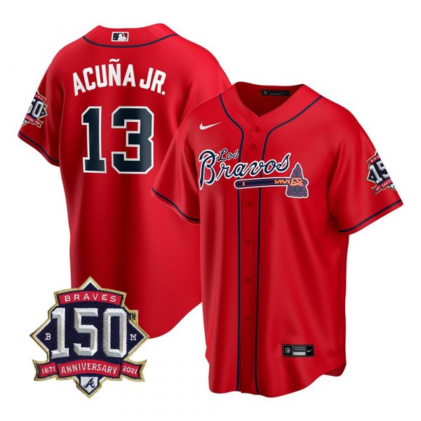 Personalized Men’s #13 Ronald Acuna Jr. Atlanta Braves Los Bravos Red Stitched Jersey Red
