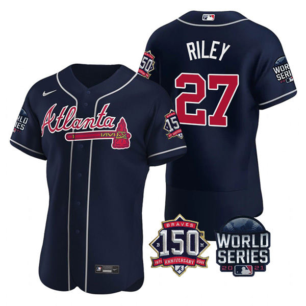 Personalized Men’s Atlanta Braves Austin Riley 2021 World Series Stitched Jersey Flex Base Navy