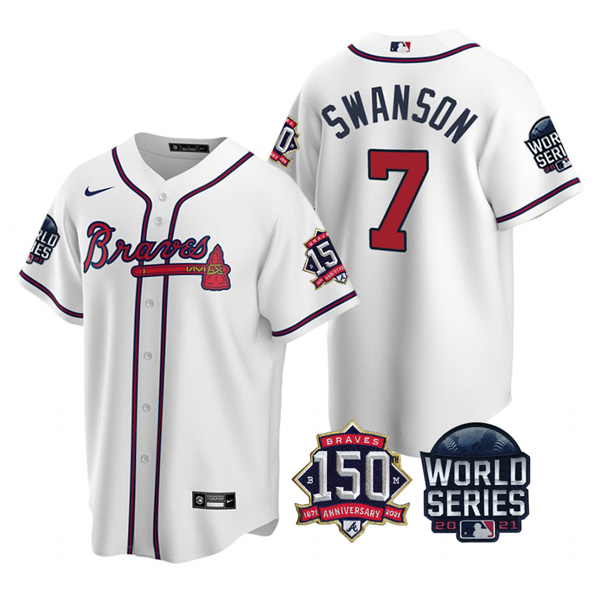 Personalized Men’s Atlanta Braves Dansby Swanson 2021 World Series Stitched Jersey Cool Base White Home