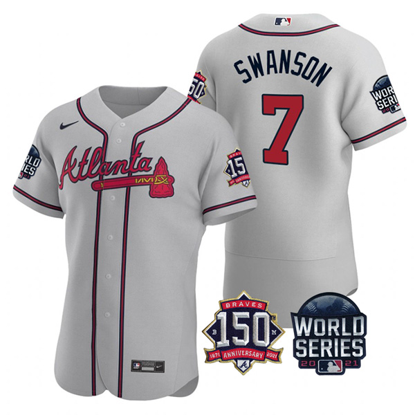 Personalized Men’s Atlanta Braves Dansby Swanson 2021 World Series Stitched Jersey Flex Base Gray
