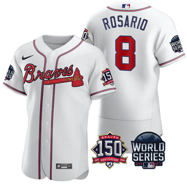 Personalized Men’s Atlanta Braves Eddie Rosario 2021 World Series Stitched Jersey Flex Base White Home