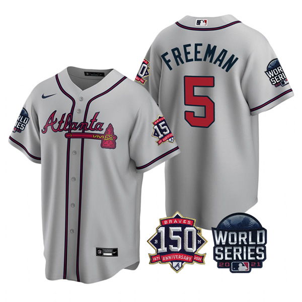 Personalized Men’s Atlanta Braves Freddie Freeman 2021 World Series Stitched Jersey Cool Base Gray