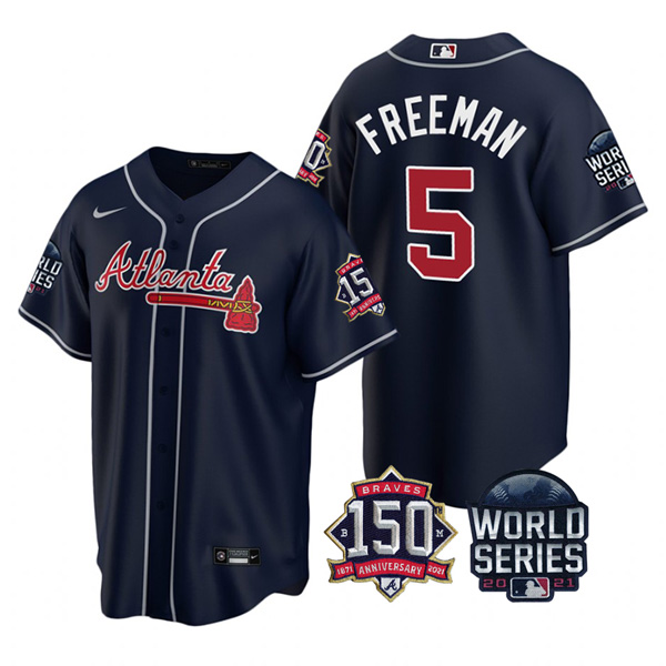 Personalized Men’s Atlanta Braves Freddie Freeman 2021 World Series Stitched Jersey Cool Base Navy
