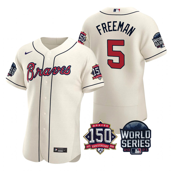 Personalized Men’s Atlanta Braves Freddie Freeman 2021 World Series Stitched Jersey Flex Base Cream