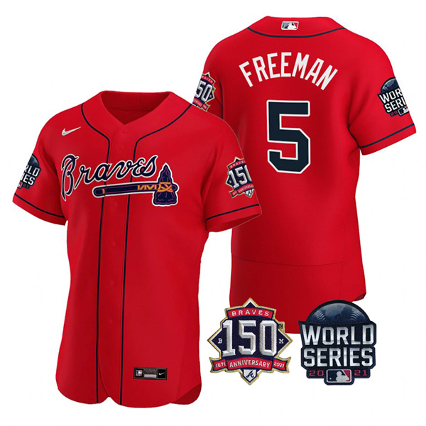 Personalized Men’s Atlanta Braves Freddie Freeman 2021 World Series Stitched Jersey Flex Base Red