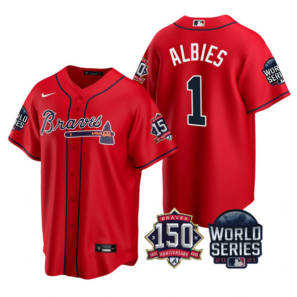 Personalized Men’s Atlanta Braves Ozzie Albies 2021 World Series Stitched Jersey Cool Base Red