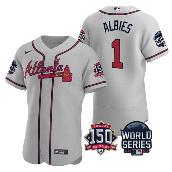 Personalized Men’s Atlanta Braves Ozzie Albies 2021 World Series Stitched Jersey Flex Base Gray