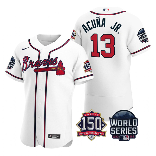 Personalized Men’s Atlanta Braves Ronald Acuna Jr. 2021 World Series Stitched Jersey Flex Base White Home