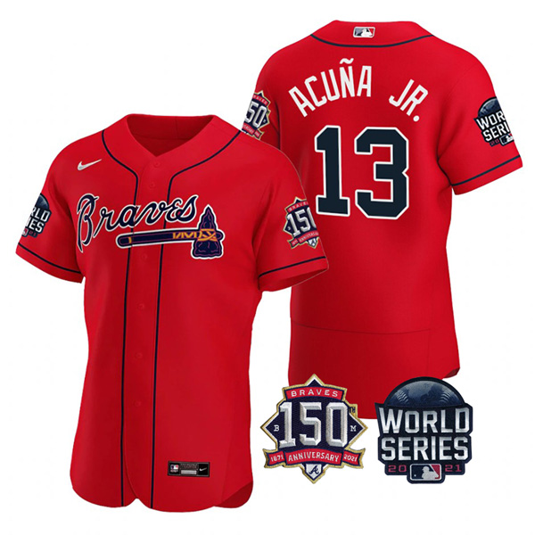 Personalized Men’s Atlanta Braves Ronald Acuna Jr. 2021 World Series Stitched Jersey Flex Base Red